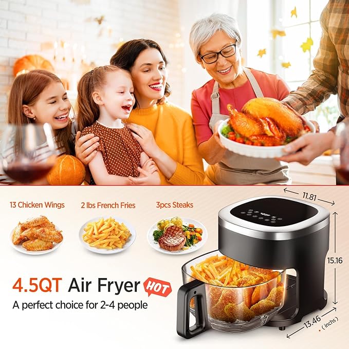4.5QT Air Fry,Glass Air Fryer,6-IN-1 Air Fryer with Viewing Glass Pot,Roast, Reheat, Dehydrate, Air Crisp Technology,Nonstick & Dishwasher Safe Basket,97% Less Oil,Features Digital Timer