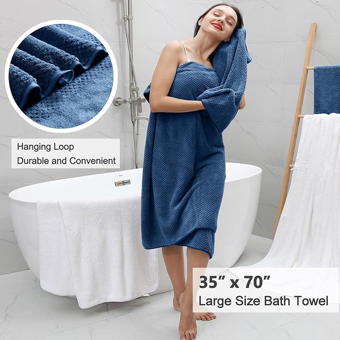 8 Piece Large Navy Family Bath Towel Set-2 Oversized Bath Towel Sheets,2 Hand Towels,4 Washcloths-600GSM Soft Highly Absorbent Quick Dry Beach Chair Towels Woven Towels for Bathroom Hotel and Spa