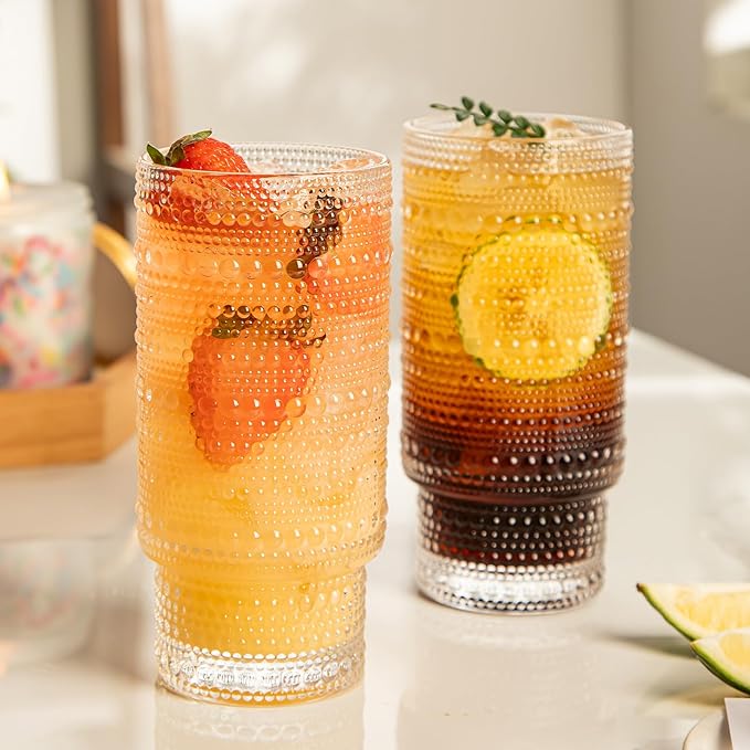 4 Pack Vintage Glassware Drinking Glasses Set, 16 oz Hobnail Glassware, Embossed Clear Water Tumbler, Cocktail Glass Cups for Kitchen and Bar, Perfect for Juice, Iced Coffee, Whiskey, Beer