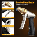 Heavy Duty Brass Garden Hose Nozzle High Pressure Metal Water Spray Nozzle with 4 Adjustable Patterns for Garden Watering, Car Washing & Pet Bathing (Brass)