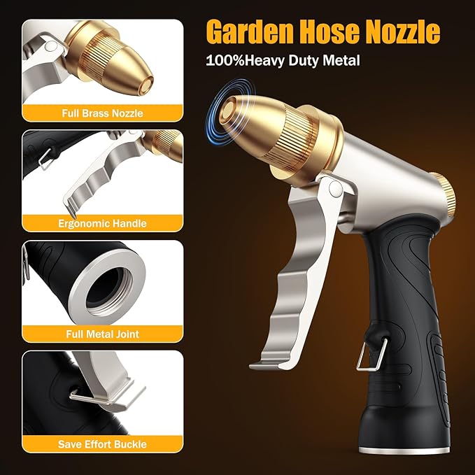 Heavy Duty Brass Garden Hose Nozzle High Pressure Metal Water Spray Nozzle with 4 Adjustable Patterns for Garden Watering, Car Washing & Pet Bathing (Brass)
