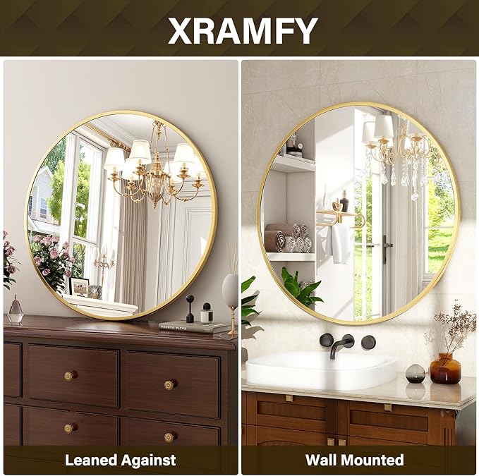32 Inch Round Gold Metal Wall Mirror - Stylish Circle Mirror for Entryway, Bathroom, and Living Room Decor | Matte Gold Circle Wall Mirror