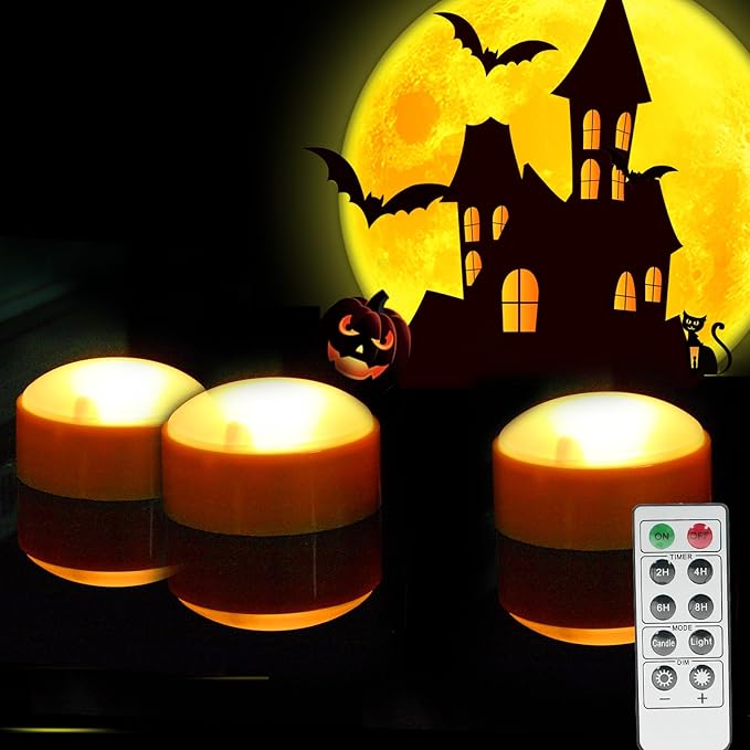 LED Pumpkin Lights with Remote and Timer, Battery Operated Bright Flickering Flameless Candles for Pumpkin Decor, Jack-O-Lantern Halloween Party Decorations,Orange Color, 3 Pack