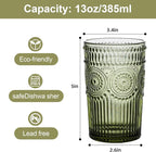 Vintage Glassware Drinking Glasses Set of 6,13 oz Green Textured Flower Design Glass Water Tumblers，Embossed Striped Drinkware for Water,Cocktails,Juice,Iced Coffee