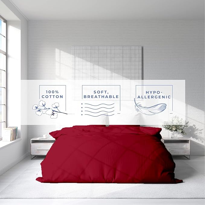 Kotton Culture 3 Pc King Size Duvet Cover Set- 100% Egyptian Cotton Sateen 600 Thread Count Ultra Soft Premium Durable Comforter Cover Zipper Closure & Corner Ties (Red Burgundy, King 102"x94")
