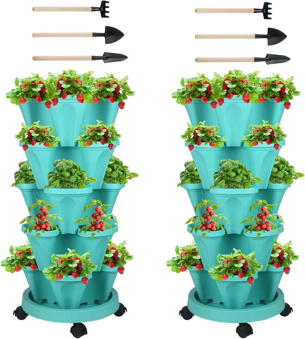 Vertical Planter 5 Tier Stackable Planters Garden Planters Strawberry Herb Flower and Vegetable Planter Indoor Outdoor Gardening Pots with Removable Wheels and Tools