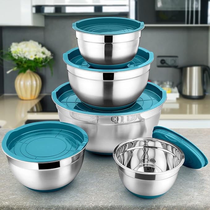 P&P CHEF Mixing Bowls with Lids Set of 5, Stainless Steel Nesting Salad Bowl with Lid & Base for Non-slip Mixing Prepping Storing Serving, 5 Sizes-7/3.5/2.5/1.5/1 QT, Blue