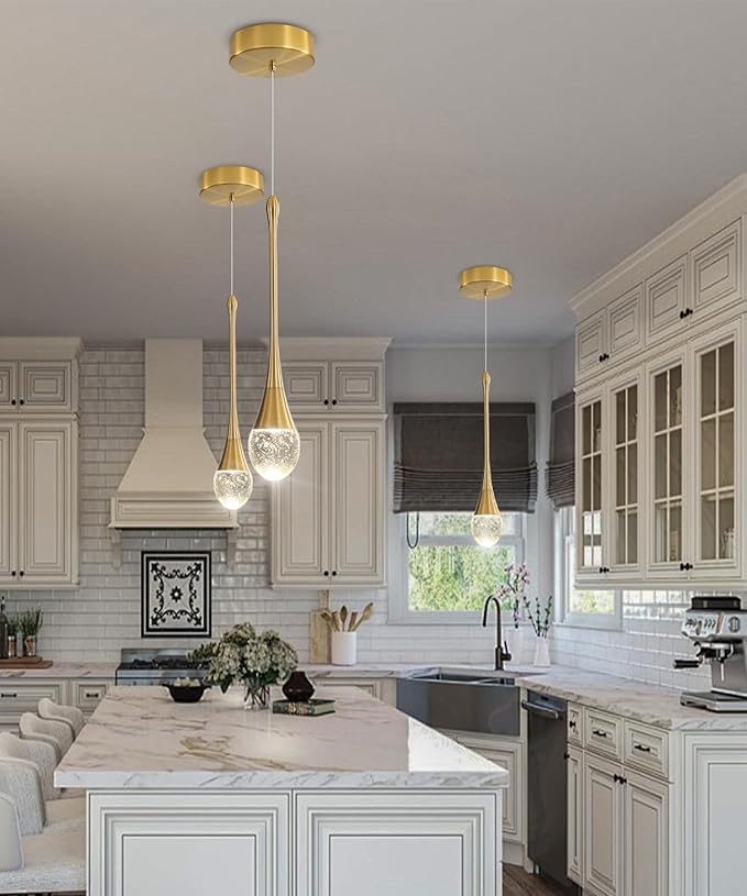 Single Head Gold Bubble Crystal Chandelier Modern LED Pendant Lights for Kitchen Island Dimmable 3000-6000k(3 Independence Light)…