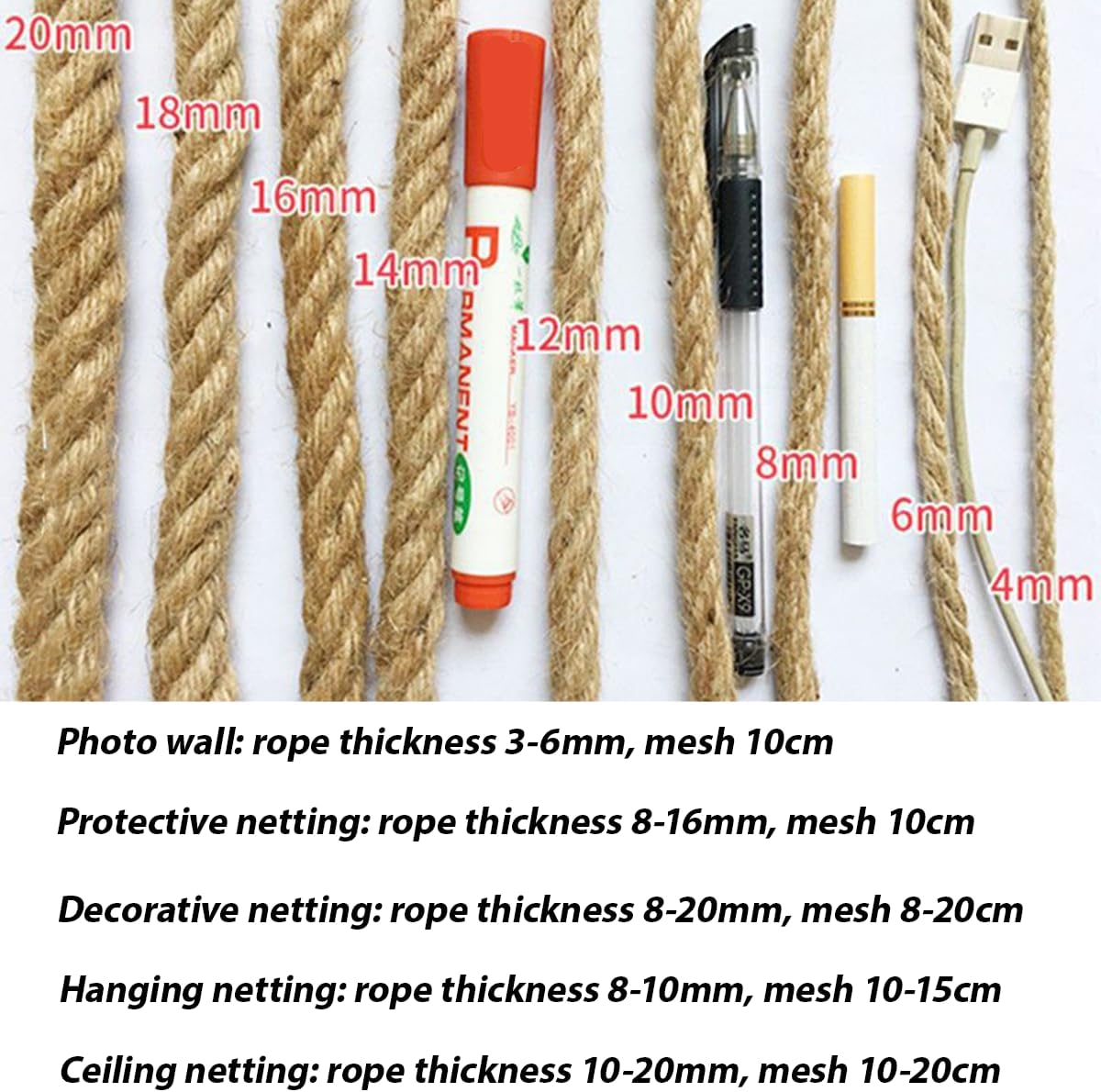 Natural Jute Hemp Rope Net,8mm Thick Safety Anti-Fall for Children Pet,Balcony Stairs Garden Playground Protection Net,Indoor & Outdoor Decor (Size:2M*7M(6.5FT*22.9FT))