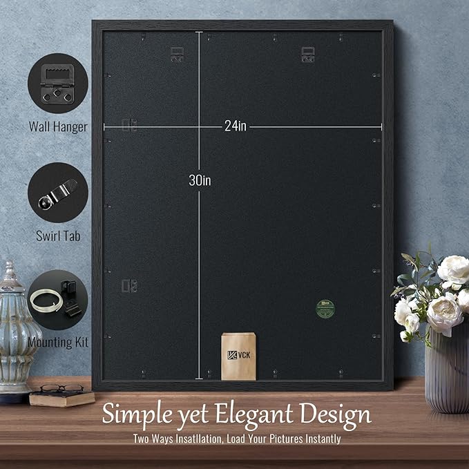 VCK 24x30 Poster Frame Set of 4 - Black, Gallery-Quality Wood Picture Frames, 1.1-Inch Wide Border, Polished Plexiglass, Vertical or Horizontal Wall Display for Photo/Art/Prints, Black