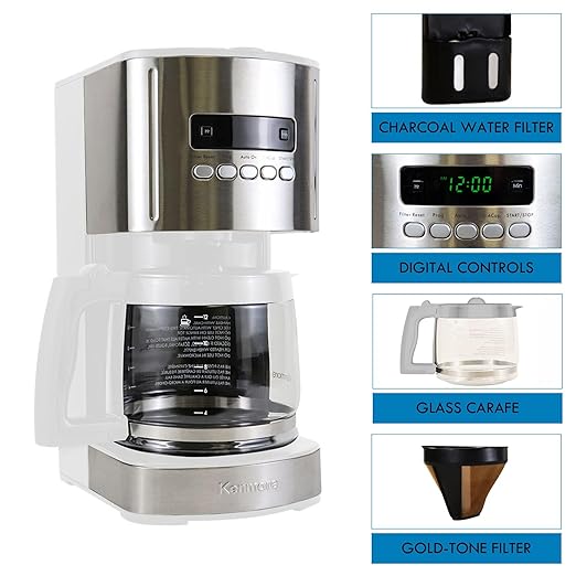 Kenmore Drip Coffee Maker - 12 Cup Programmable Cafe Machine With Glass Pot, Regular & Bold Brew, Auto Shut Off Large Water Reservoir, Reusable Filter, Kitchen Appliances For Cafeteria Barista, White