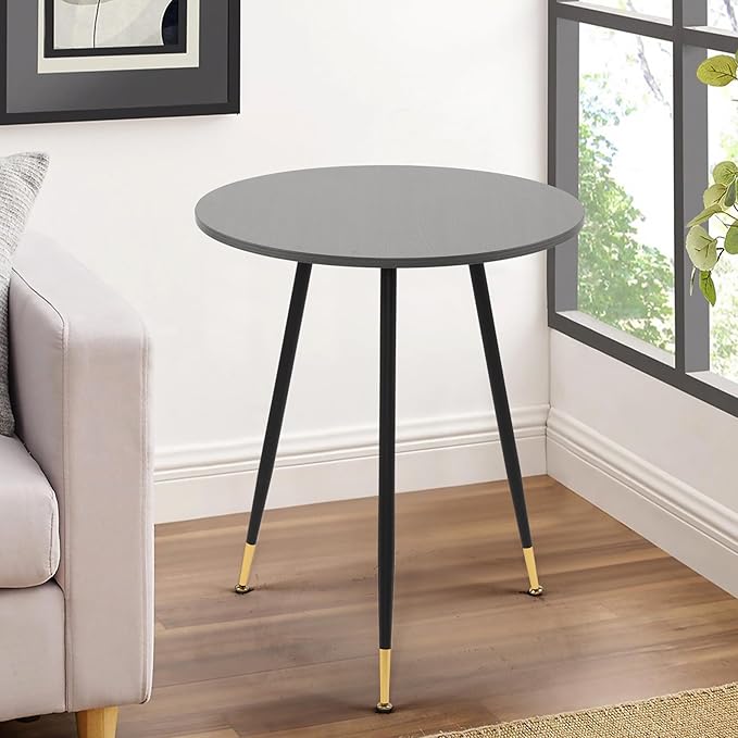 NOBPEINT Round Modern Wooden Side Table, 28 Inches End Table with 3 Metal Legs (Grey)