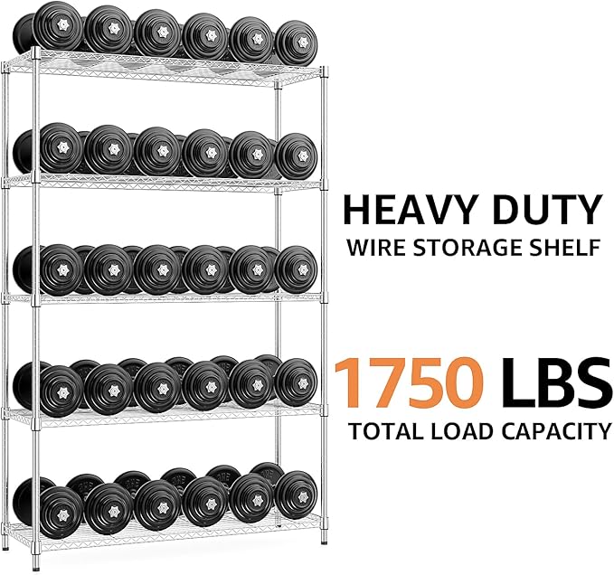 MZG 1750 lbs 5 Tier Storage Rack Metal Wire Shelving Unit, Storage Standing Household Shelf Organizer for Kitchen Pantry Closet Garage Basement Utility Room, Chrome 15.8" D x 45.3" W x 70.4" H