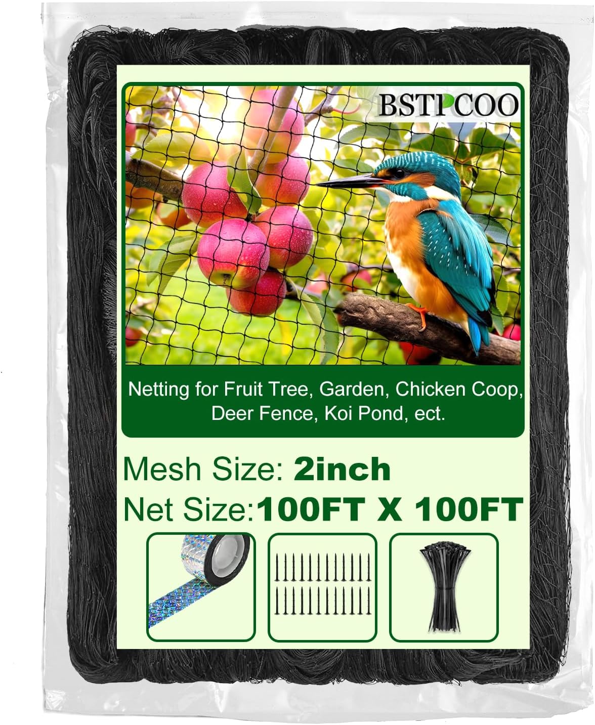 Chicken Netting Roof Hawk 100'x100' with 2" Mesh, Heavy Duty Bird Nettings for Garden with Birds Scare Tape, Nylon Bird Netting for Chicken Coop, Avian Nettings Deer Fence Fruit Tree Net