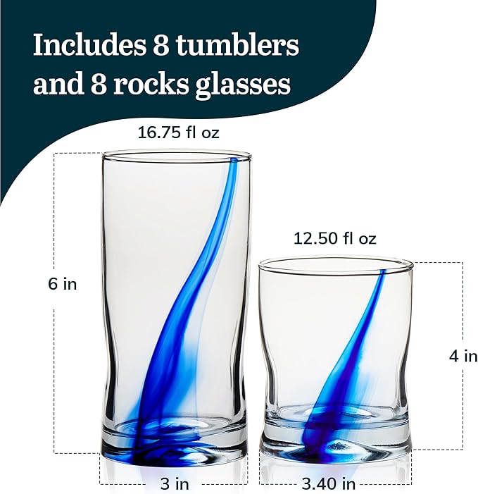 Libbey Tumbler and Rocks Glass Set, Infused Blue Ribbon Drinkware Glasses Set,, Artisan Inspired Four-Dimple Shaped Rock Glasses, Dishwasher Safe Tumbler Glasses Set
