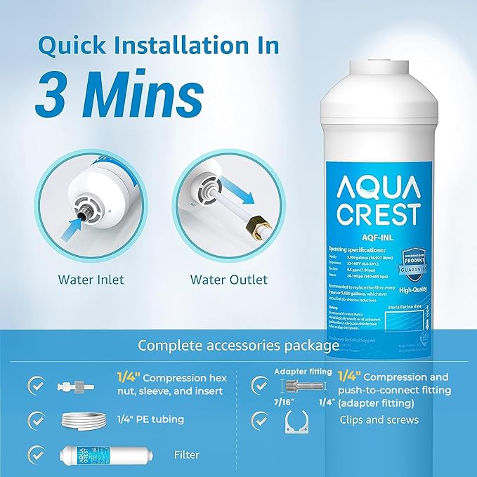AQUA CREST 5 Years Capacity -Inline Water Filter for Refrigerator with 1/4-Inch Direct Connect Fittings, Idea for Ice Maker, RV, Refrigerator, RO System, In Line Water Line Filter, Reduces PFAS/PFOA