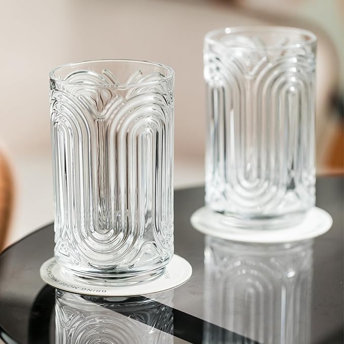 INSETLAN Vintage Art Deco Glassware | Glass Cups Set of 4 | 14 Oz Thick Bottom Cocktail Glasses, Highball Glass Fabulous Box, Embossed Ripple Glassware, for Water, Wine, Juice, Mixed Drinkware