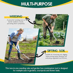 Long Handle Weeding Garden Rake - 2-in-1 Manual Weed Puller Tool with Manganese Steel Head Stand Up Weeder Remover for Lawn Yard Patio Heavy Duty Hand Rake Hoe Combo for Dandelion Removal