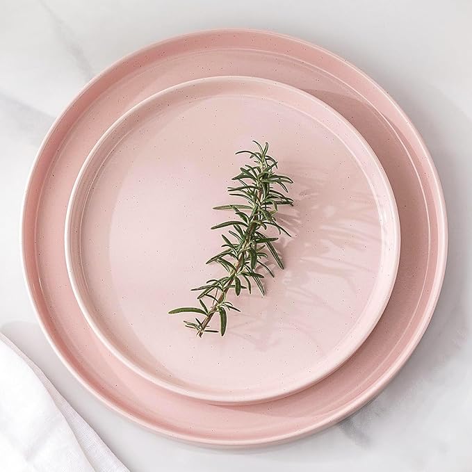 GBHOME Dinnerware Set for 6, 18 Piece Speckled Plates and Bowls Set with Glazed Bottom, Chip & Scratch Resistant Stoneware Plates Sets, Dishwasher & Microwave Safe Dishes (Pink, Service for 6)
