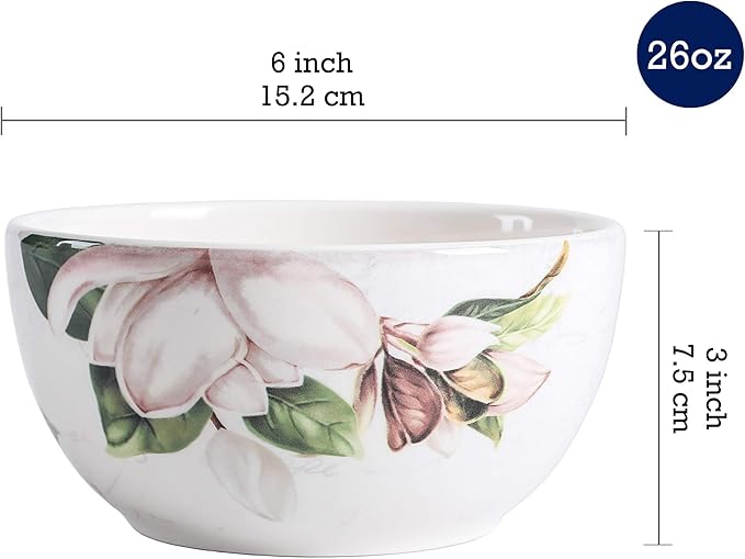 Bico Magnolia Floral Cereal Bowls Set of 4, 26 oz Deep Ceramic Soup Bowls for Cereal, Salad, Noodles, Kitchen, Microwave and Dishwasher Safe, Gift for Housewarming and Thanksgiving