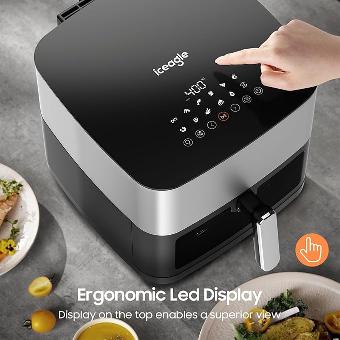 Iceagle Stainless Steel Air Fryer 9 Quart - Airfryer XXL with Large Viewing Window, Dual Heating Elements, 12-in-1 Function to Roast, Bake, Broil, Defrost, Reheat, Dishwasher-Safe Parts, 1700W, Siver
