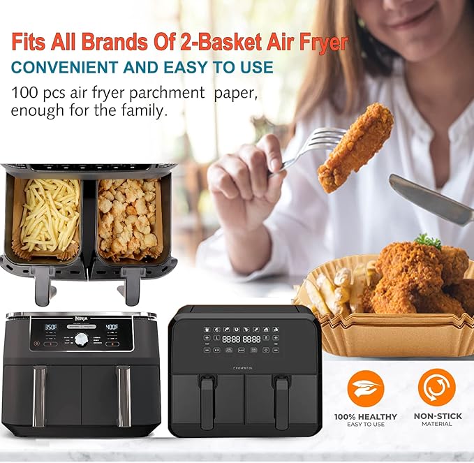 Air Fryer Liner Rectangular for Ninja Foodi Dual Basket 8QT 10QT, Bella Air Fryer Accessories, Air Fryer Liners 4 qt Rectangle, 125Pcs Parchment Paper liners for DZ201,DZ401, FG551