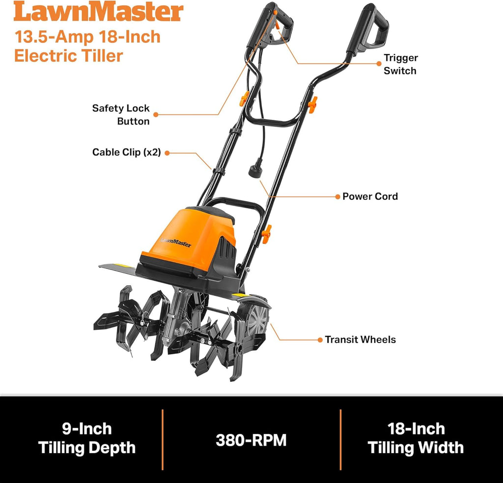 LawnMaster TE1318W1 Corded Electric Tiller 13.5-Amp 18-Inch Orange
