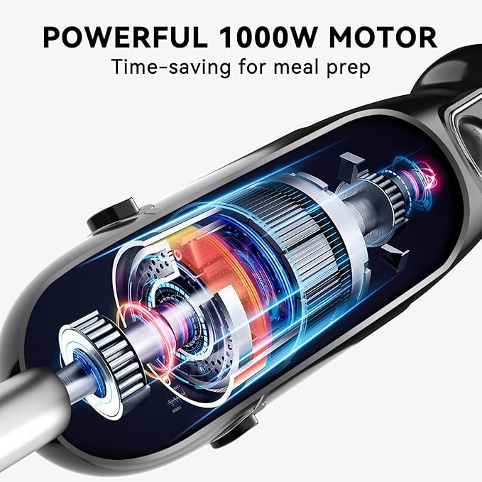 Immersion Blender Handheld Hand Blender, 1000W 5 in 1 Hand Mixer Stick, BPA-Free 12 Speed Handheld Blender 304 Stainless, Mixing Beaker, Chopper, Whisk, Milk Frother, Soup, Smoothies, Baby Food, Sauce
