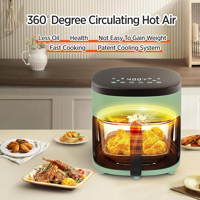 6-IN-1 Glass Air Fryer,4.5QT Air Fryer with Viewing Glass Pot, Air Fry, Dehydrate, Air Crisp Technology,Nonstick & Dishwasher Safe Basket,97% Less Oil,Features Digital Timer (Green)