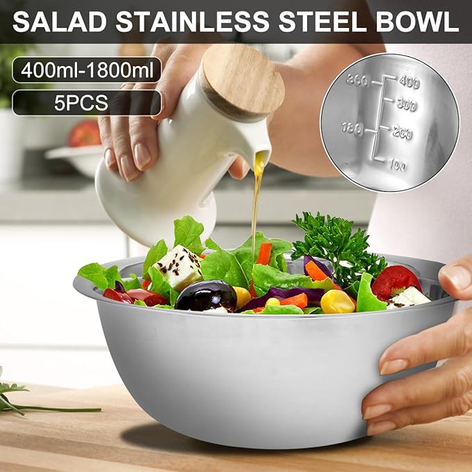 Nesting Mixing Bowl Set, 10 Pack Stainless Steel Bowls with Scale Marks, Baking Bowls Mixing Set for Kitchen Food Space Saving Storage, Cooking, Baking.