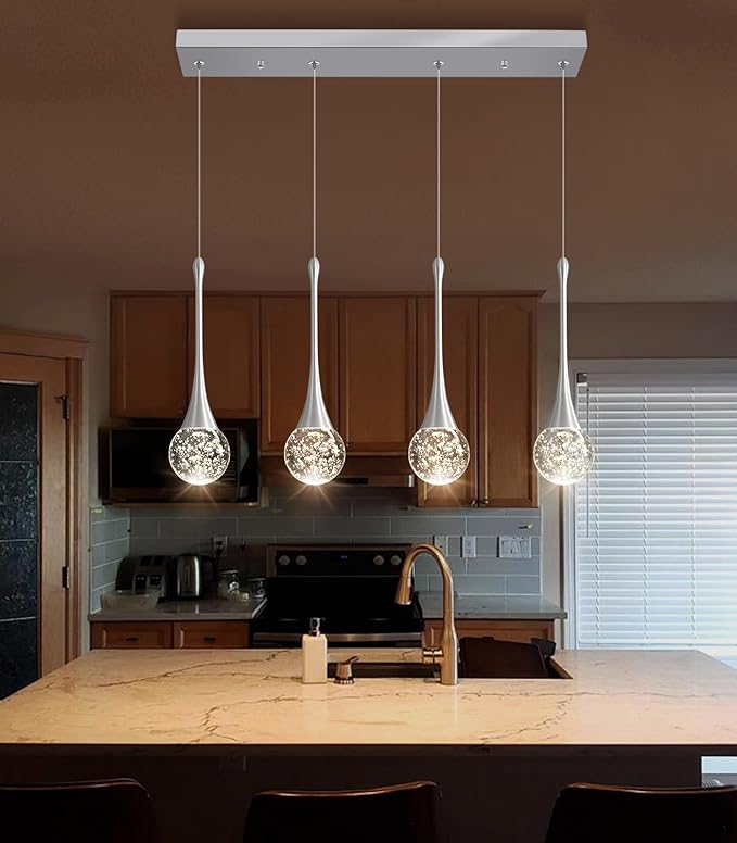 4-Lights Modern Pendant Lights for Kitchen Island LED Dimmable Crystal Glam Ceiling Pendant Lighting Chandelier for Dining Room Hallway Bedroom Silver