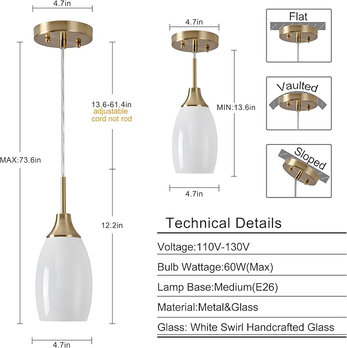 Mini Glass Pendant Light 3-Pack Handblown Art White Swirl Oval Glass Hanging Pendant Lamp 4.72" Glass Chandelier for Kitchen Island Dining Room Living Foyer Hallway Entry Brushed Gold Finish