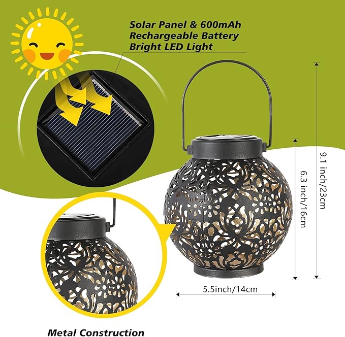 Set of 2 Solar Lantern Outdoor Hanging Decorative Lights for Garden Patio Porch Decorations. (Black)
