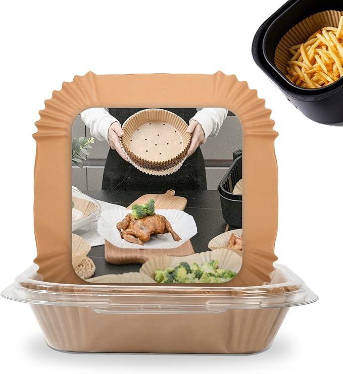 [3-Size] Air Fryer Disposable Paper Liner Compatible with COSORI AirFryer Toaster Oven, Non-stick Air Fryers Parchment Paper Baking Accessories (100Pcs - 9.1 Inch Square, Natural)