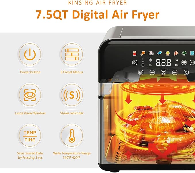 Air Fryer with Window Visible 8-in-1,Compact & Large 7.5-Qt,Up to 85% Less Oil,Roast, Bake, Dry, Reheat, Frozen, Broil,160-400℉ Even Results With Precise Temperature Control,Whole Metal Cover