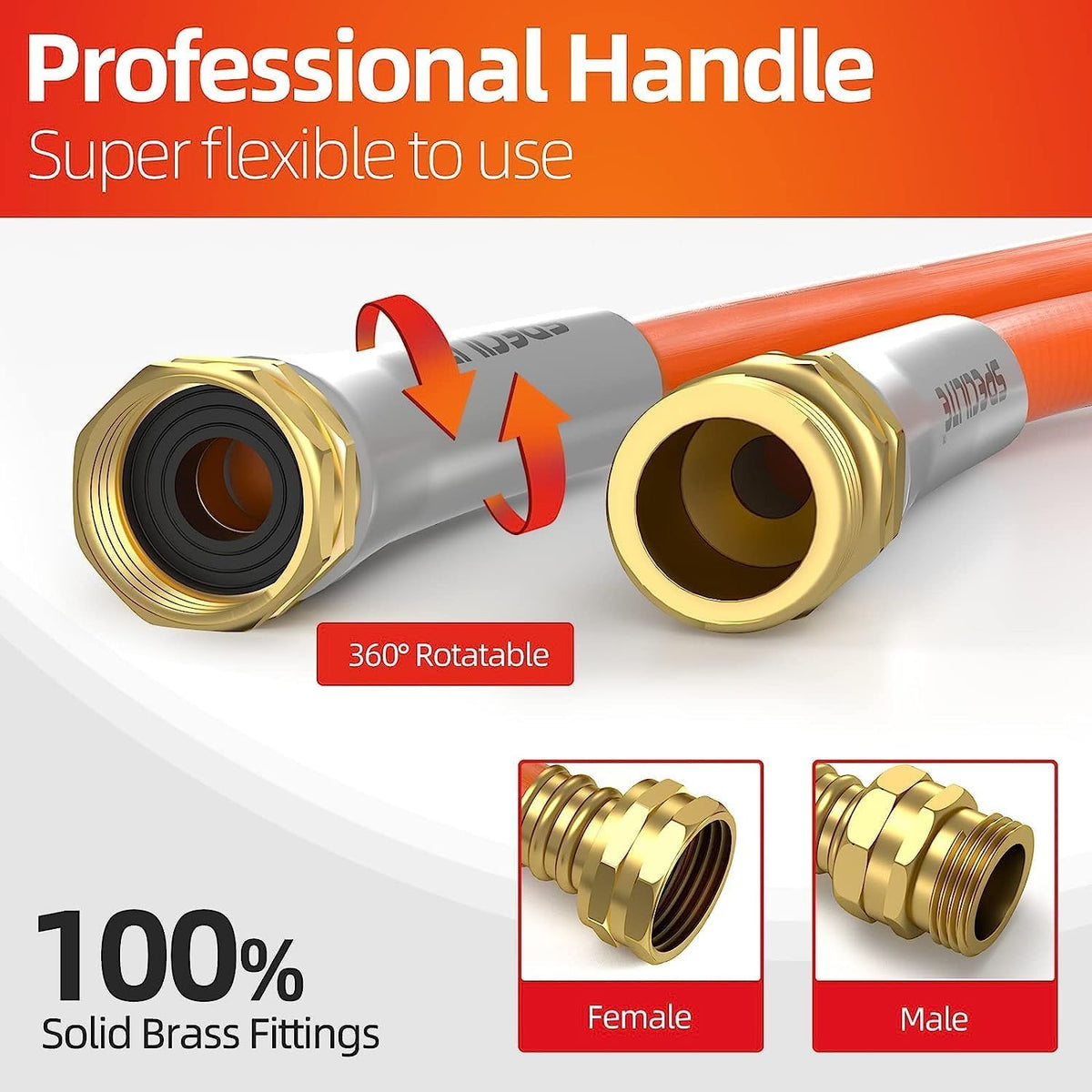 SPECILITE Garden Water Hose 10 ft x 5/8 in, Heavy Duty Leader Pipe Extension, Flexible, Lightweight Kink-less,Hybrid Rubber, with 3/4" Brass Fittings, Orange