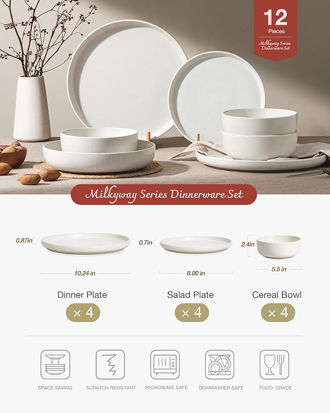 Famiware Milkyway Plates and Bowls Sets, 12 Pieces Dinnerware Sets, Reactive Glaze Dish Set, Stoneware Dishes Set for 4, Matte White