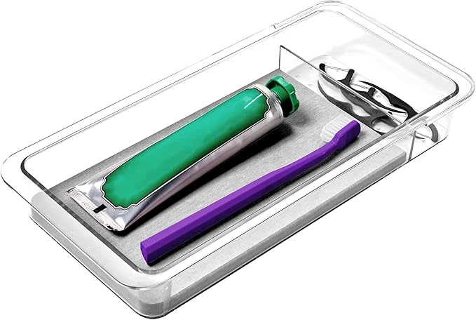 madesmart Dental Tray Drawer Organizer with Drying Stone, Clear Plastic Drawer Organizer for Toothbrush, Dental Floss, Water Flossers, Toothpaste