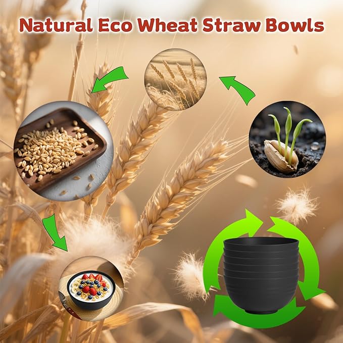 Wheat Straw Camping Bowls Sets of 6,Unbreakable 26oz Lightweight Bowls Sets for Outdoors Activity,Breakfast Bowls for Cereal and Salad.Black Series