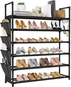 6 Tier Shoe Rack, Shoe Organizer Storage for 24-30 Pairs Shoe and Boot, Long Shoe Shelf with Hook and Side Pocket Free Standing Tall Shoe Rack Organizer for Closet, Entryway, Dorm