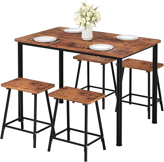 VECELO Kitchen Table and Chairs for 4, Dining Room Set with Chairs/Stools, Heavy-Duty Metal Frame with Wooden Tabletop for Small Spaces, Easy Assembly, Antique Brown