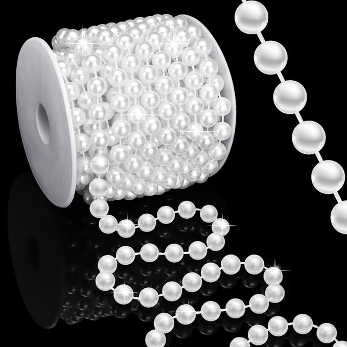 16 Feet 10mm Pearl Strings Garland for Crafts, Artificial Pearl Beaded Trim Chain Roll Strands for Wedding Centerpieces Bouquet Party Decoration Christmas Tree Garland, White