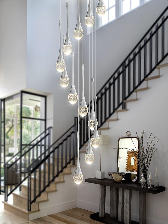 H120'' Long Crystal Raindrop Chandelier 12 Lights Foyer Pendant Lighting Entrwey High Ceiling Chandeliers LED Dimmable Lighting…