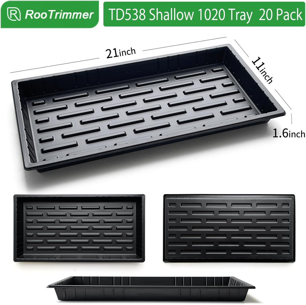 20 Pack Shallow 1020 Trays No Holes, Heavy Duty Reusable Seed Starter Flat Seedling Tray for 72/128 Cell Plug Tray, Transplant, Microgreen & Seed Germination (21"×11", 1.6" Deep, TD538)