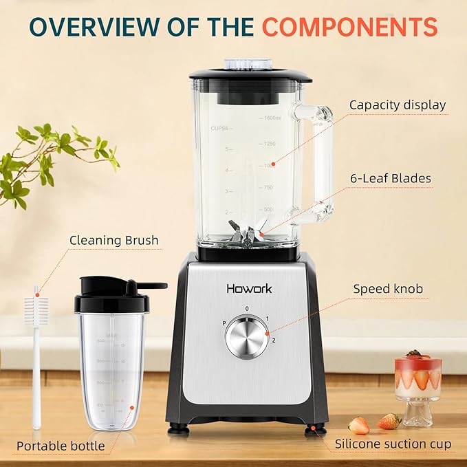 HOWORK Blender for Smoothies, 750W Personal Blender, 56 Oz Glass Jar, 16oz Portable Cups,2+P speed, 3 Functions for Smoothies, Frozen Drinks & Ice Cream,Grey