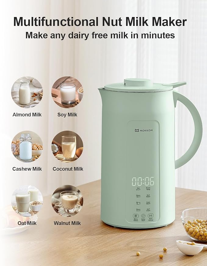 MOKKOM Nut Milk Maker, 42oz Automatic Almond Milk Machine for Homemade Plant-Based Milk, Oats, Soy, Dairy Free Beverages, Soy Milk Maker with Delay Start/Keep Warm/Self-Cleaning/Boiling, Green