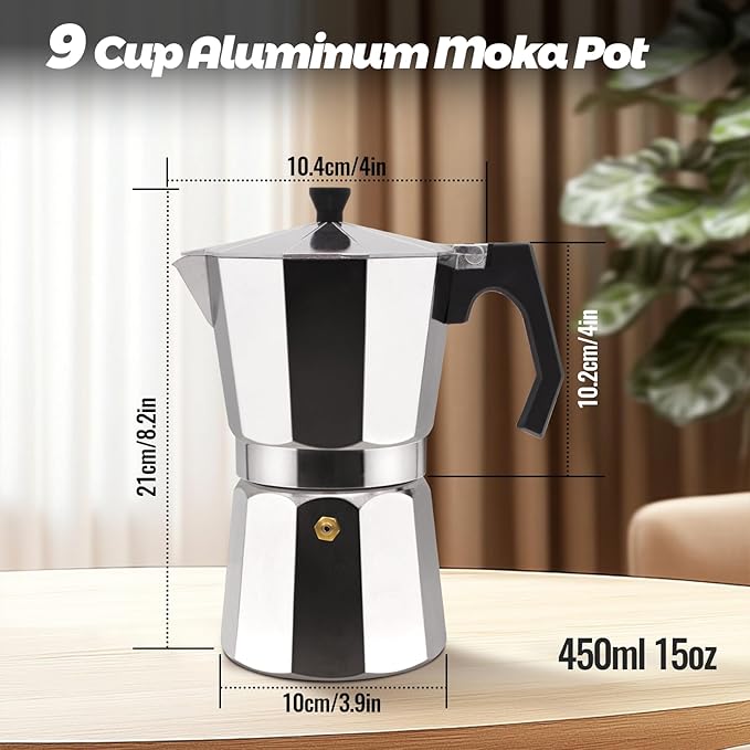 9 Cup Aluminum Moka Pot Classic Stovetop Espresso Coffee Maker 450ml 15oz Coffeemaker Percolator Mocha Pot Greca Coffee Maker Cafe Makers for Italian and Cuban Café Brewing Silver