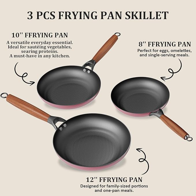 YUTANN Nonstick Frying Pan Set, 8" 10" 12" Ceramic Frying Pans, Pre-seasoned Cast Iron Pan Cookware Set with Removable Handle, Dishwasher Safe, Free of PFAS & PFOA, Compatible with All Stovetops