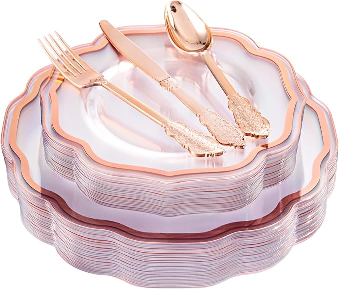 NOCCUR 150PCS Rose Gold Plastic Plates&Rose Gold Silverware-Include 30Dinner Plates, 30Salad plates, 90 Disposable Rose Gold Utensils- Ideal for Weddings, Party,Shower