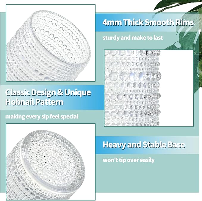 Hobnail Drinking Glasses Set of 6, Vintage Colored Glassware 14.5oz, Tall Beverage Glass Cups for Water, Juice, Cocktail (Clear)